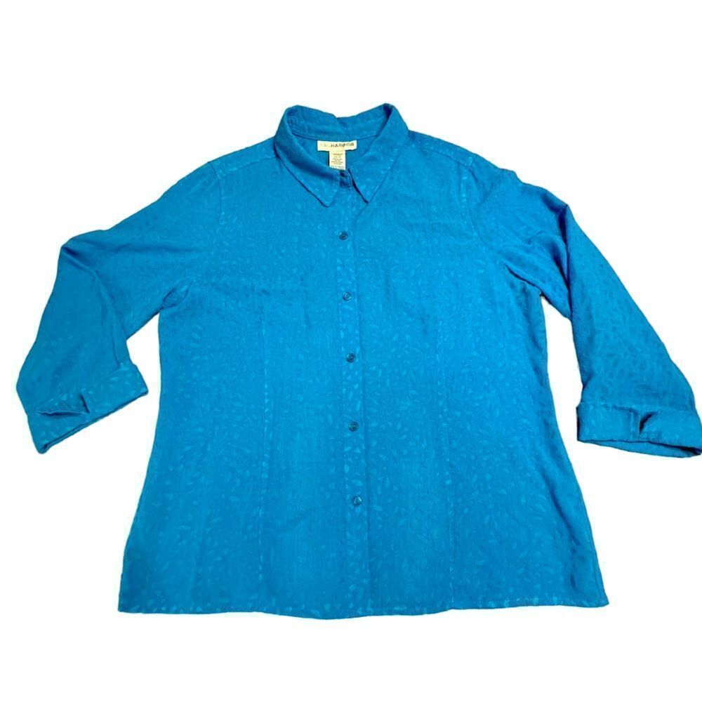 Vintage Sag Harbor Turquoise burn out leaf design 3/4 sleeve button down size 16 - Picture 5 of 10